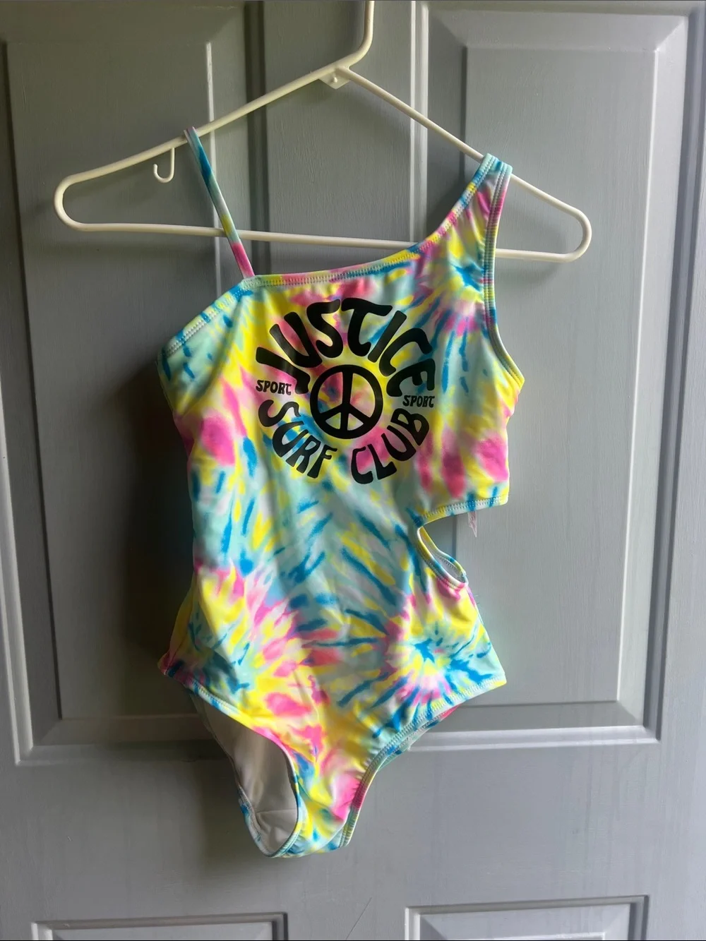 Justice Tie-Dye One-Shoulder Swimsuit - Yellow Pink Blue